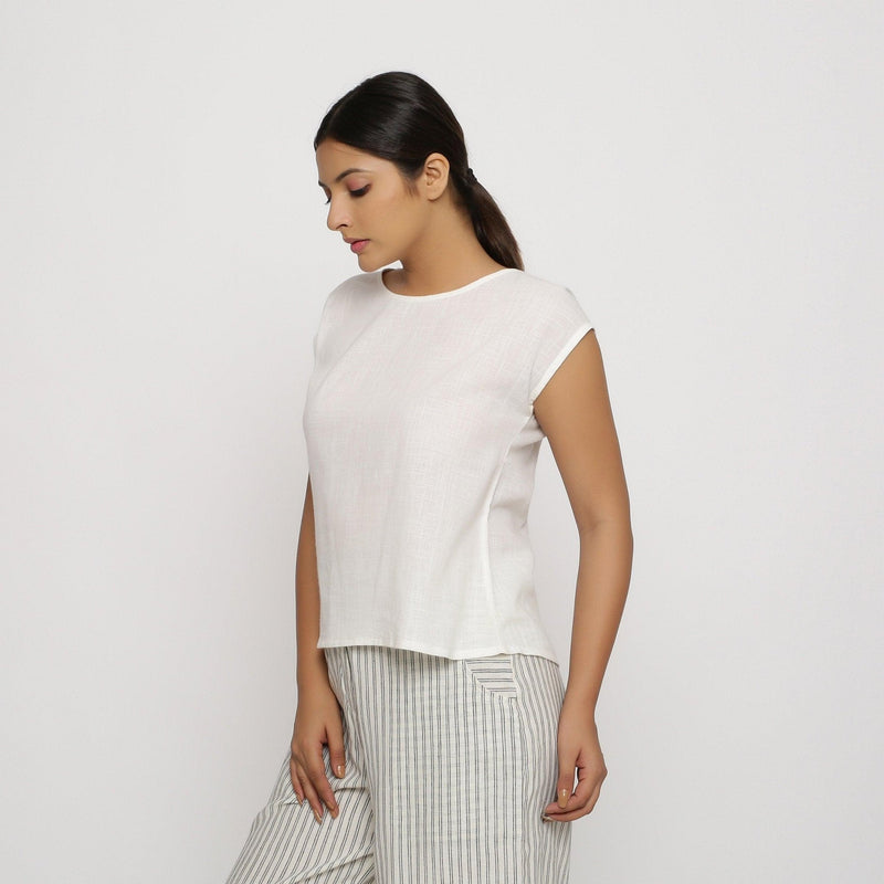 Left View of a Model wearing Off-White Cotton Slub Straight Top