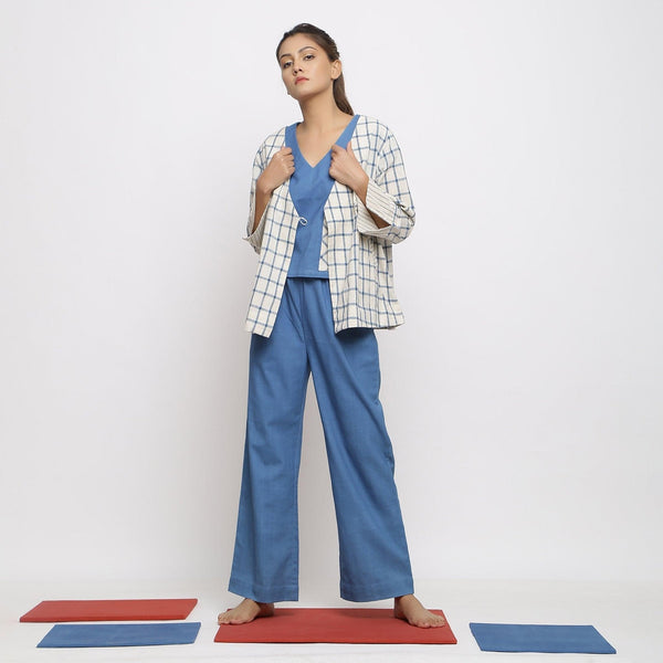 Front View of a Model wearing Off-White and Blue Vegetable Dyed Handspun Cotton Asymmetrical V-Neck Outerwear