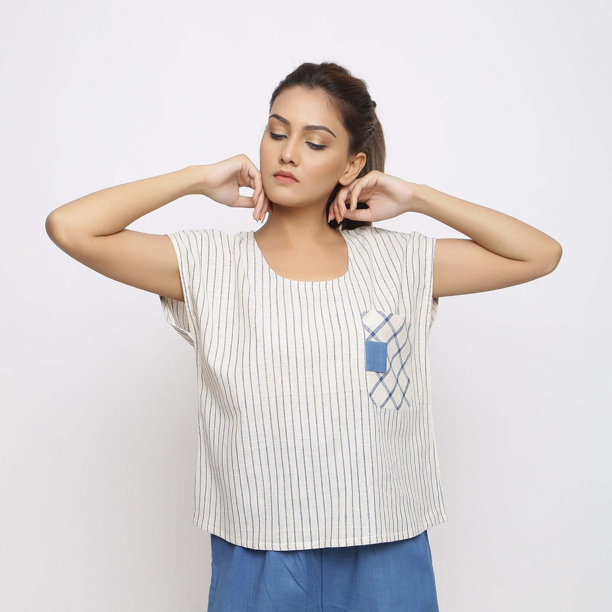 Buy Off-White and Blue Handspun Cotton Pocket Top Online at SeamsFriendly