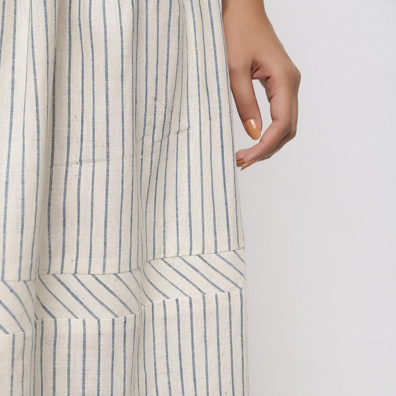 Close Detail of a Model wearing Off-White and Blue Striped Yarn Dyed Cotton Gathered Maxi Skirt