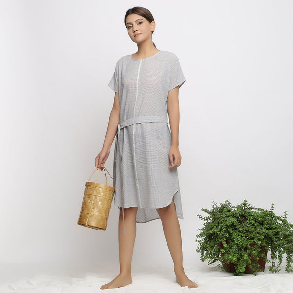 Front View of a Model wearing Off-White and Grey Checks Handspun Cotton Muslin High-Low Kaftan Dress