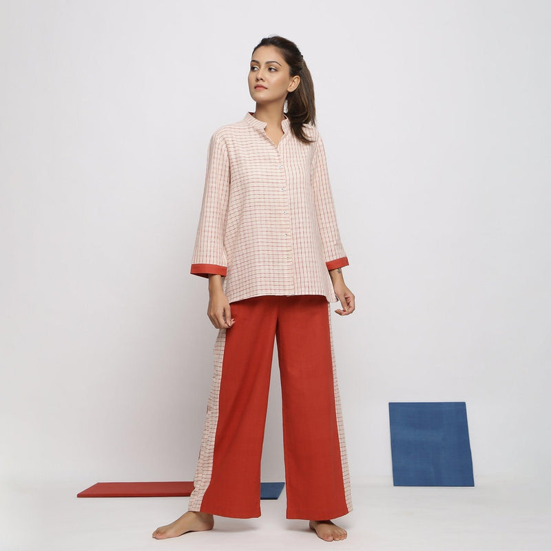 Front View of a Model wearing Off-White and Red Vegetable Dyed Handspun Cotton Mandarin Collar Shirt