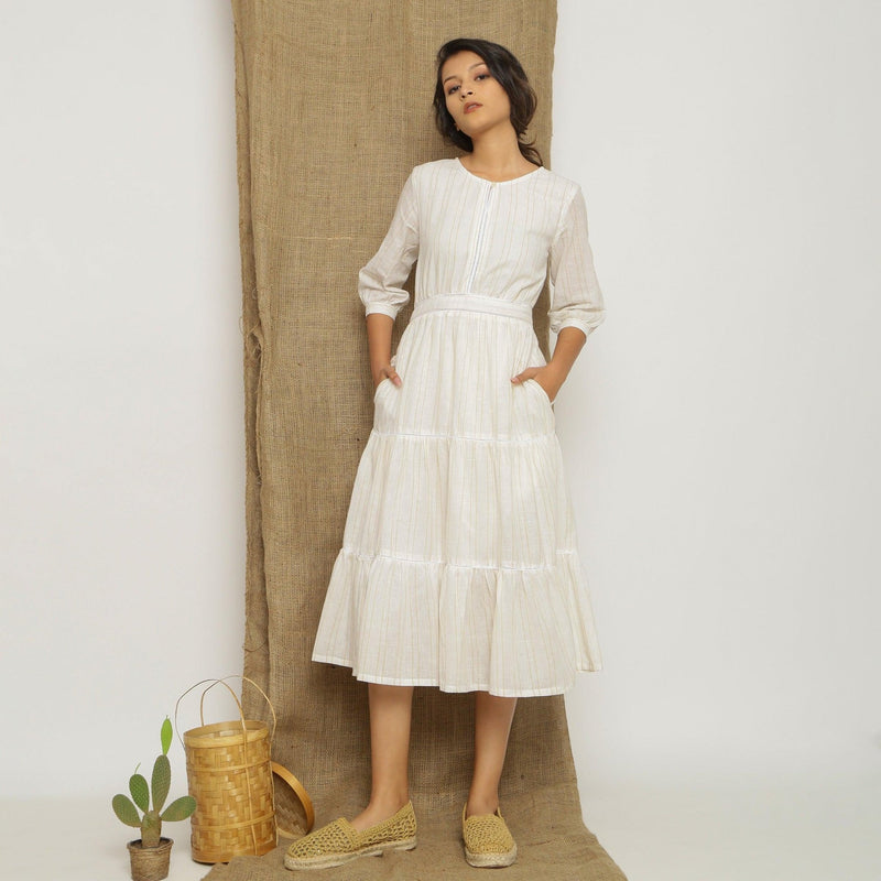 Off White and Yellow Striped Handspun Cotton Midi Tier Dress