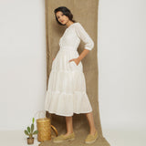 Off White and Yellow Striped Handspun Cotton Midi Tier Dress