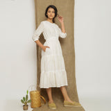 Off White and Yellow Striped Handspun Cotton Midi Tier Dress