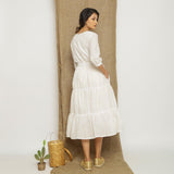 Off White and Yellow Striped Handspun Cotton Midi Tier Dress