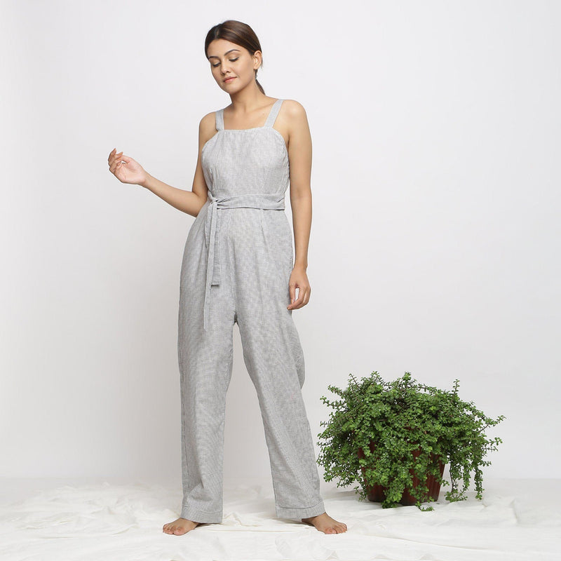 Front View of a Model wearing Off-White Handwoven Cotton Jumpsuit