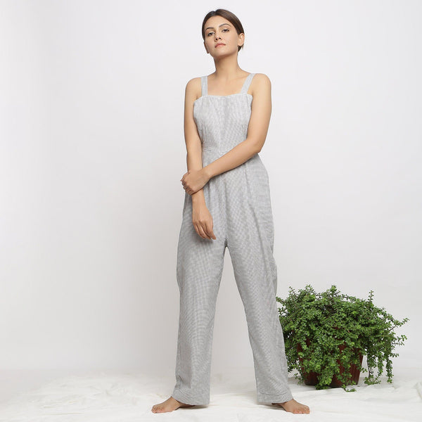 Front View of a Model wearing Off-White Handwoven Cotton Jumpsuit