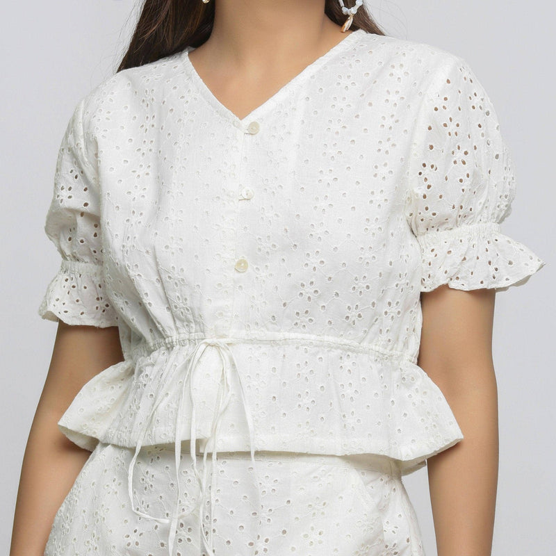 Off-White Cotton Schiffli Floral Button-Down Crop Top