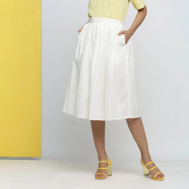 Front View of a Model wearing Off-White Cotton Schiffli Gathered Skirt