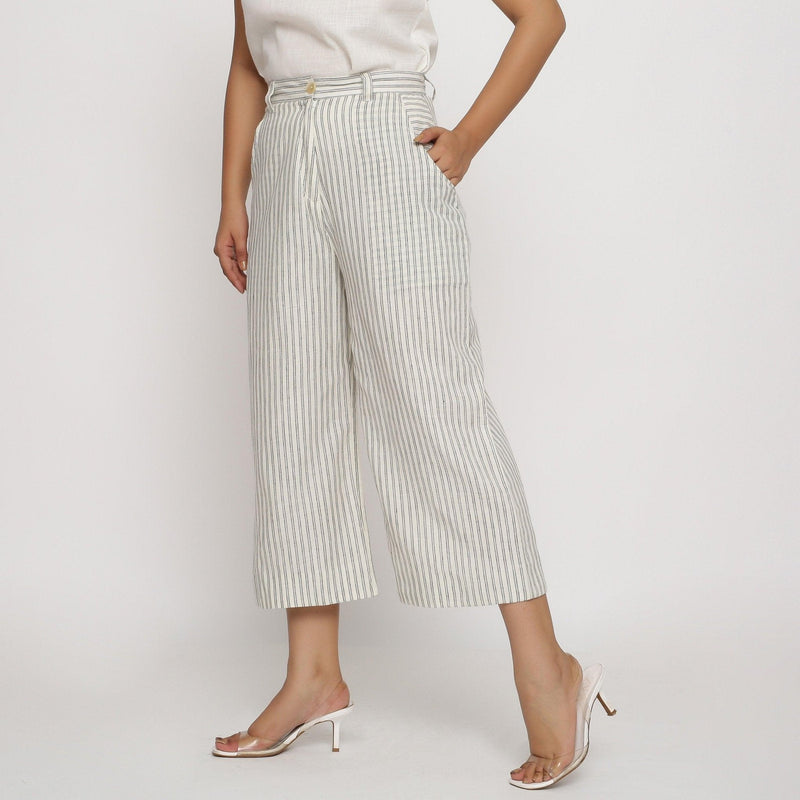 Left View of a Model wearing Striped Handspun Wide Legged Culottes