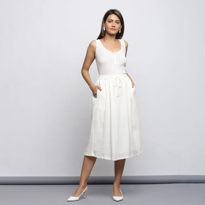 Front View of a Model wearing Off-White Crinkled Cotton Flared Skirt