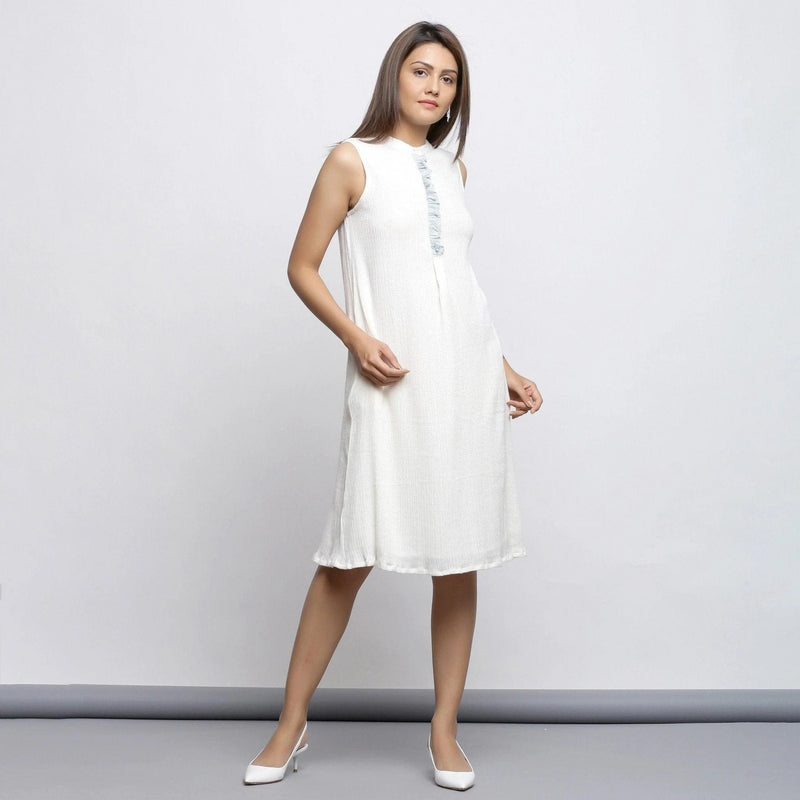 Buy Off-White Crinkled Cotton Mandarin Collar Knee Length Dress Online at SeamsFriendly Buy Off-White Crinkled Cotton Mandarin Collar Knee Length Dress Online at SeamsFriendly