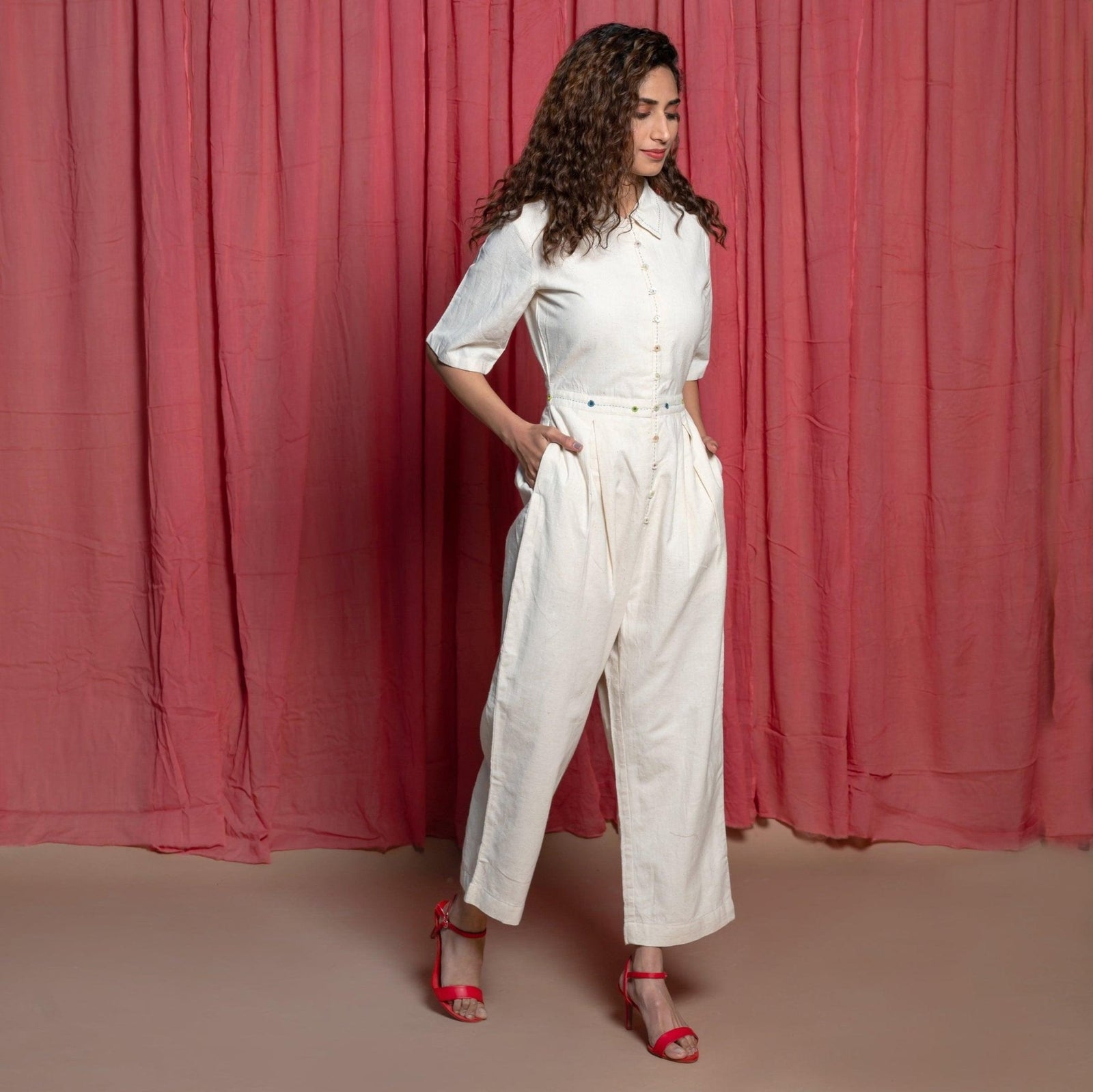 Off-White Embroidered Cotton Muslin High-Rise Overalls 46
