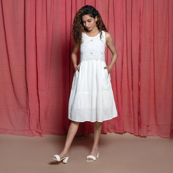 Front View of a Model wearing Off-White Handspun Cotton Jamdani Tier Dress