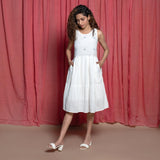 Front View of a Model wearing Off-White Handspun Cotton Jamdani Knee Length Gathered Dress