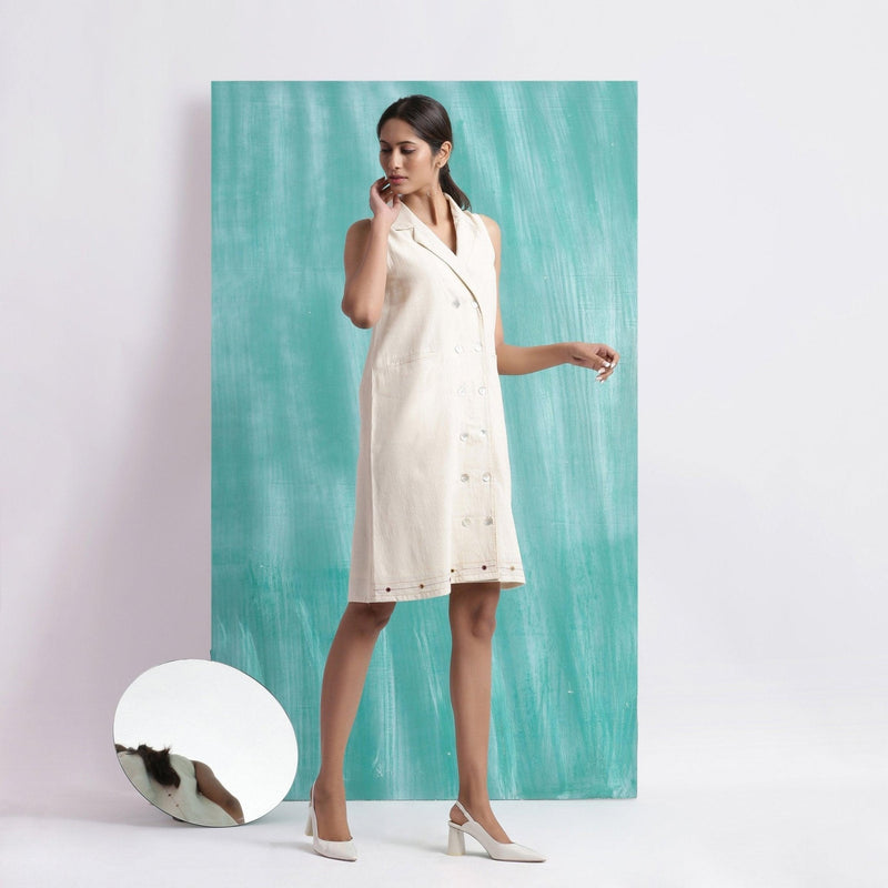 Buy Off-White Handspun Cotton Muslin Button-Down Short Dress