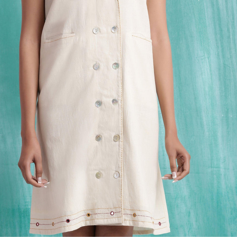 Front Detail of a Model wearing Undyed Button-Down Hand Mirror Work Dress