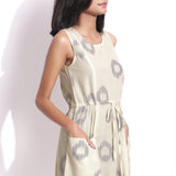 Front Detail of a Model wearing Off-White Handwoven Ikat Paneled Dress