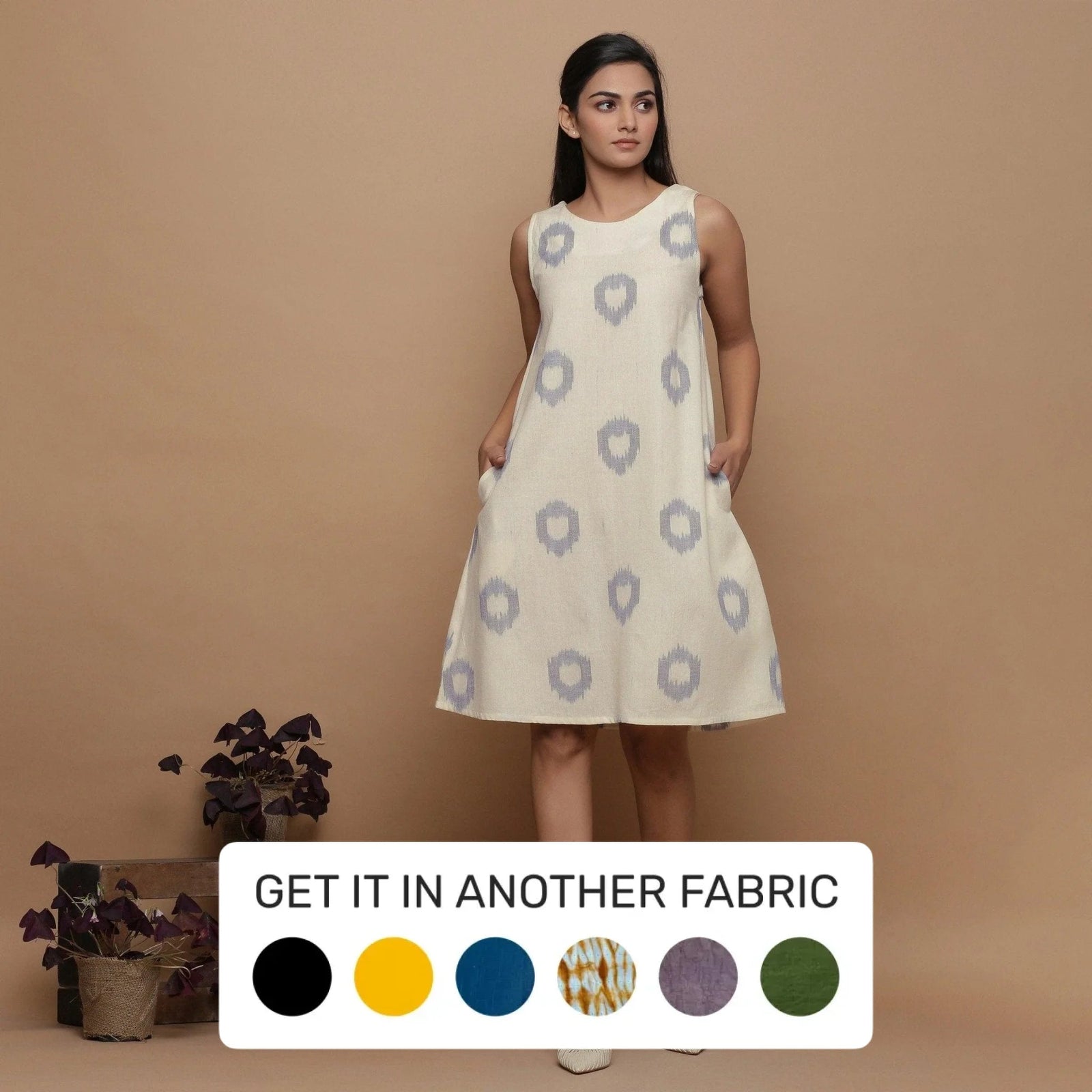 Buy Off-White Handwoven Ikat Cotton Sleeveless Knee Length Dress Online at  SeamsFriendly