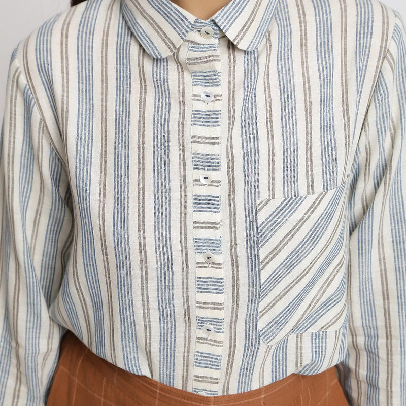 Front Detail of a Model wearing Peter Pan Collar Handspun Button-Down Shirt