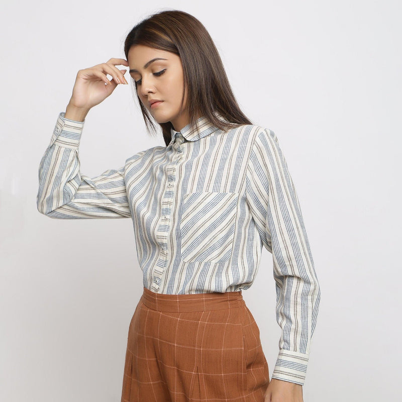 Right View of a Model wearing Peter Pan Collar Handspun Button-Down Shirt