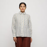 Front View of a Model wearing Peter Pan Collar Handspun Button-Down Shirt