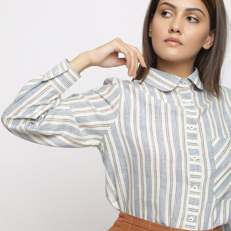 Front Detail of a Model wearing Peter Pan Collar Handspun Button-Down Shirt