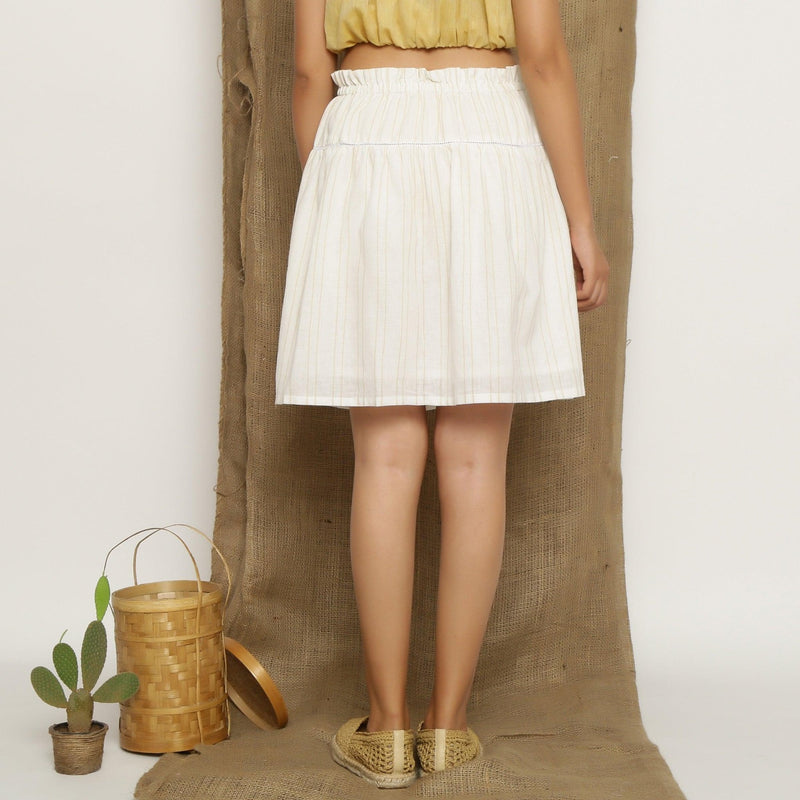 Off-White Striped Handspun Cotton Elasticated Paperbag Short Skirt