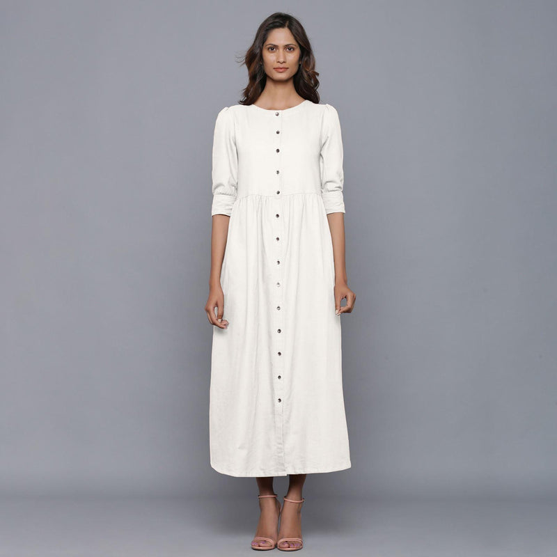 Front View of a Model wearing Off-White Cotton Flannel Gathered Dress