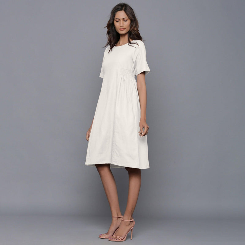 Left View of a Model wearing Off-White Paneled Cotton Flannel Dress