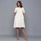 Front View of a Model wearing Off-White Paneled Cotton Flannel Dress