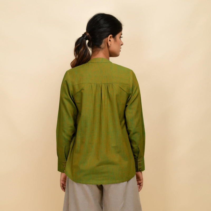 Back View of a Model wearing Olive Gold 100% Cotton Khadi Yoked Top