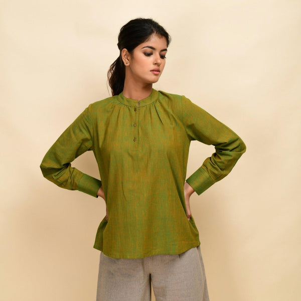 Front View of a Model wearing Olive Gold 100% Cotton Khadi Yoked Top