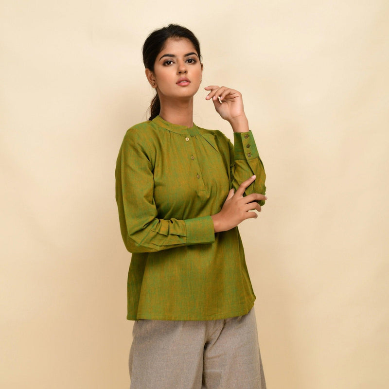 Front View of a Model wearing Olive Gold 100% Cotton Khadi Yoked Top