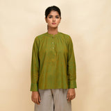 Front View of a Model wearing Olive Gold 100% Cotton Khadi Yoked Top