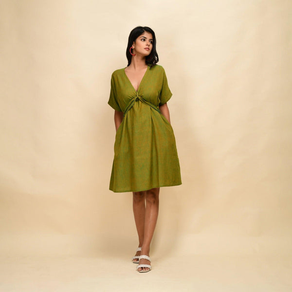 Front View of a Model wearing Olive Gold 100% Cotton Blouson Dress