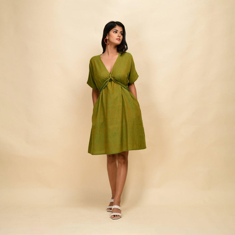 Front View of a Model wearing Olive Gold 100% Cotton Khadi Blouson Dress