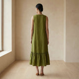 Olive Green 100% Cotton A-Line Deep Neck Sleeveless Maxi Tier Dress