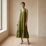 Olive Green 100% Cotton A-Line Deep Neck Sleeveless Maxi Tier Dress