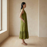 Olive Green 100% Cotton A-Line Deep Neck Sleeveless Maxi Tier Dress
