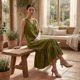 Olive Green 100% Cotton A-Line Deep Neck Sleeveless Maxi Tier Dress