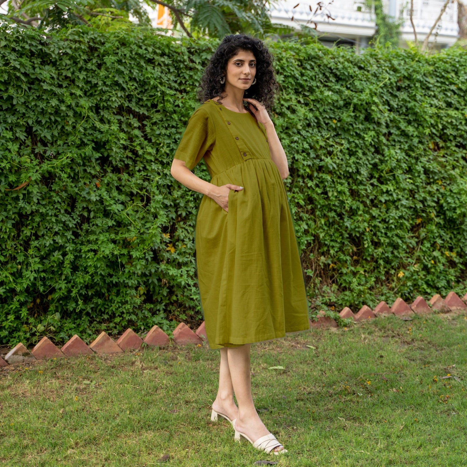 maternity green dress Olive 100% Cotton Button-Down Knee Length Pre and Post 34