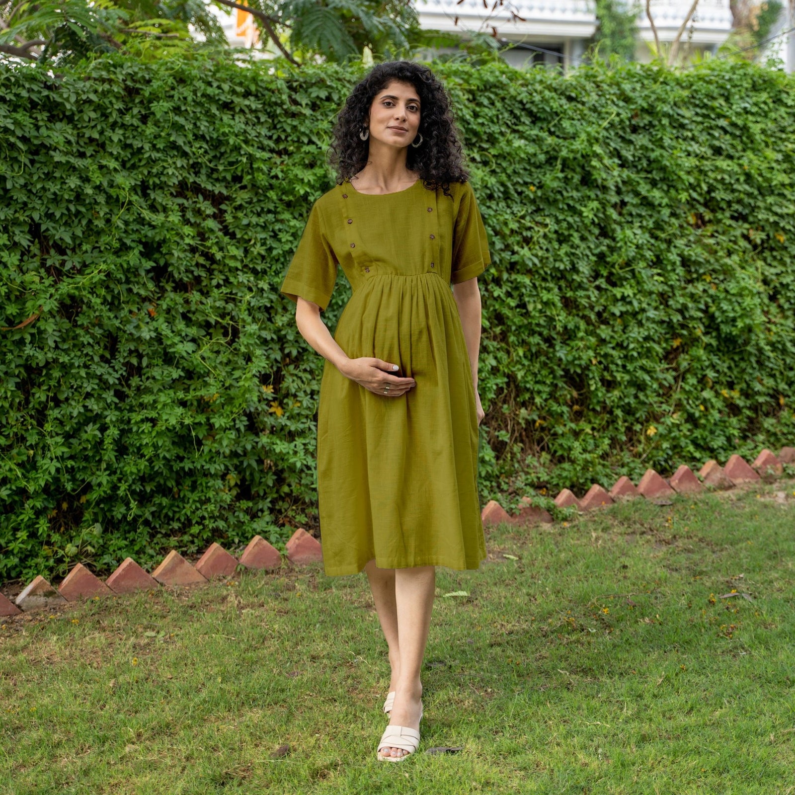 Olive Green 100% Cotton Button-Down Knee Length Pre and Post Maternity Dress 34" / Custom Height (Free) Olive Green 100% Cotton Button-Down Knee Length Pre and Post Maternity Dress 34" / Custom Height (Free)