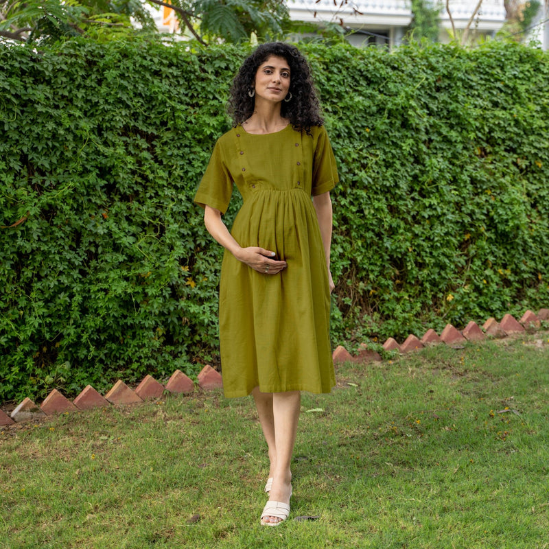 Olive Green 100% Cotton Button-Down Knee Length Pre and Post Maternity Dress 34