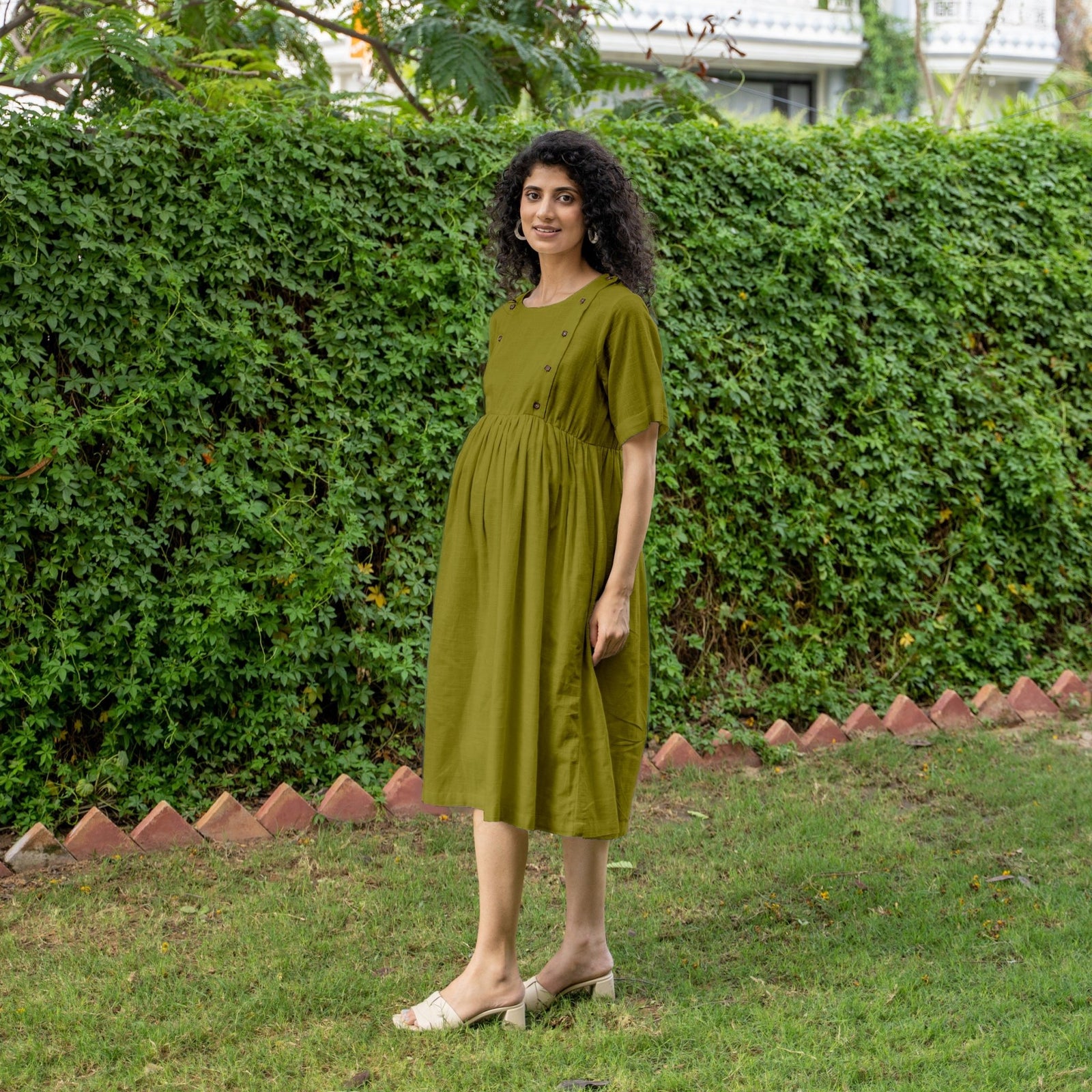 Olive Green 100% Cotton Button-Down Knee Length Pre and Post Maternity Dress 34