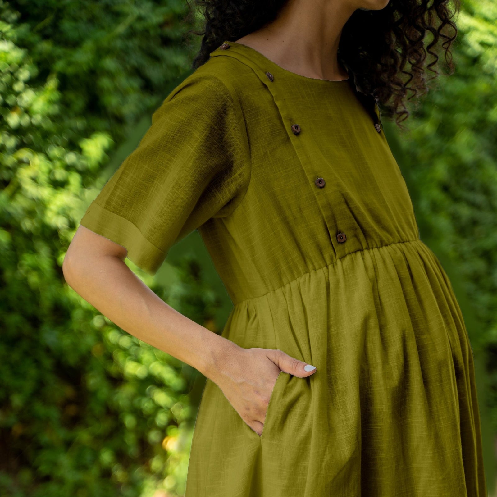 cotton linen maternity dresses Olive Green 100% Cotton Button-Down Knee Length Pre and Post Maternity Dress 34" / Custom Height (Free)