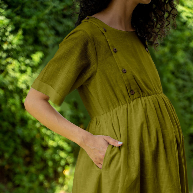 Olive Green 100% Cotton Button-Down Knee Length Pre and Post Maternity Dress 34" / Custom Height (Free) Olive Green 100% Cotton Button-Down Knee Length Pre and Post Maternity Dress 34" / Custom Height (Free)