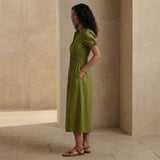 Olive Green 100% Cotton Button-Down Midi Shirt Dress
