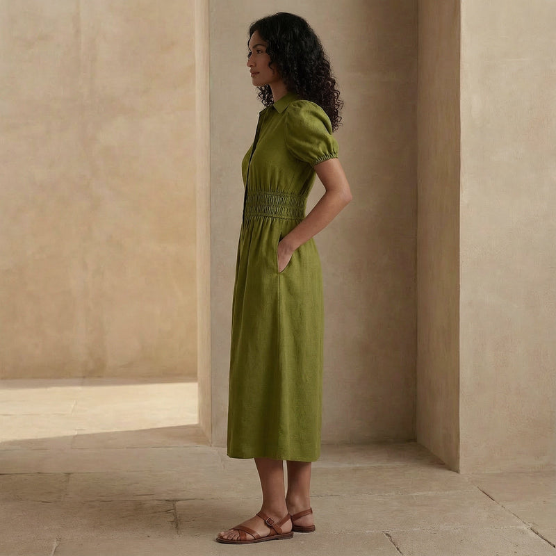Olive Green 100% Cotton Button-Down Midi Shirt Dress Custom Size (Free) / Regular (5'2" - 5'6")